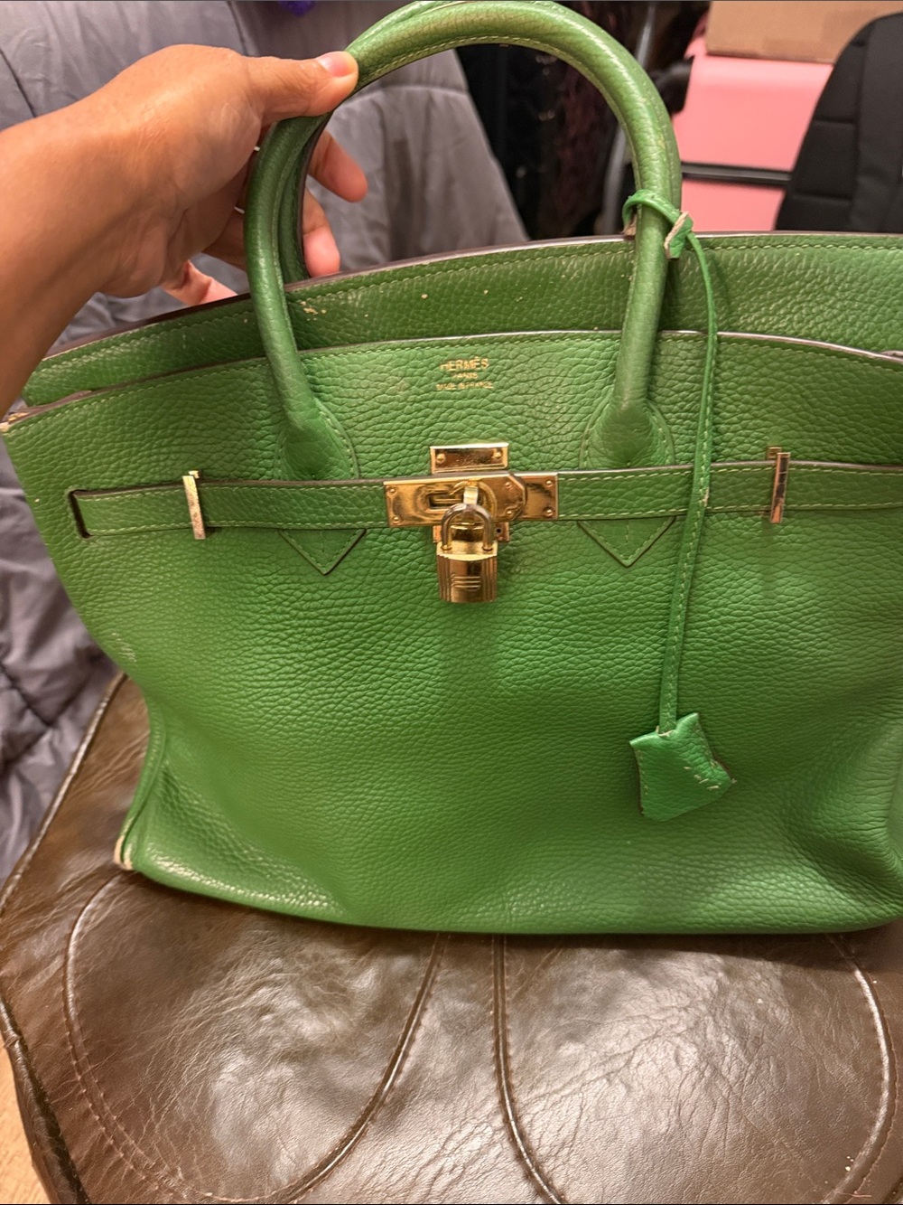Hermes Green Leather Tote with Gold Hardware